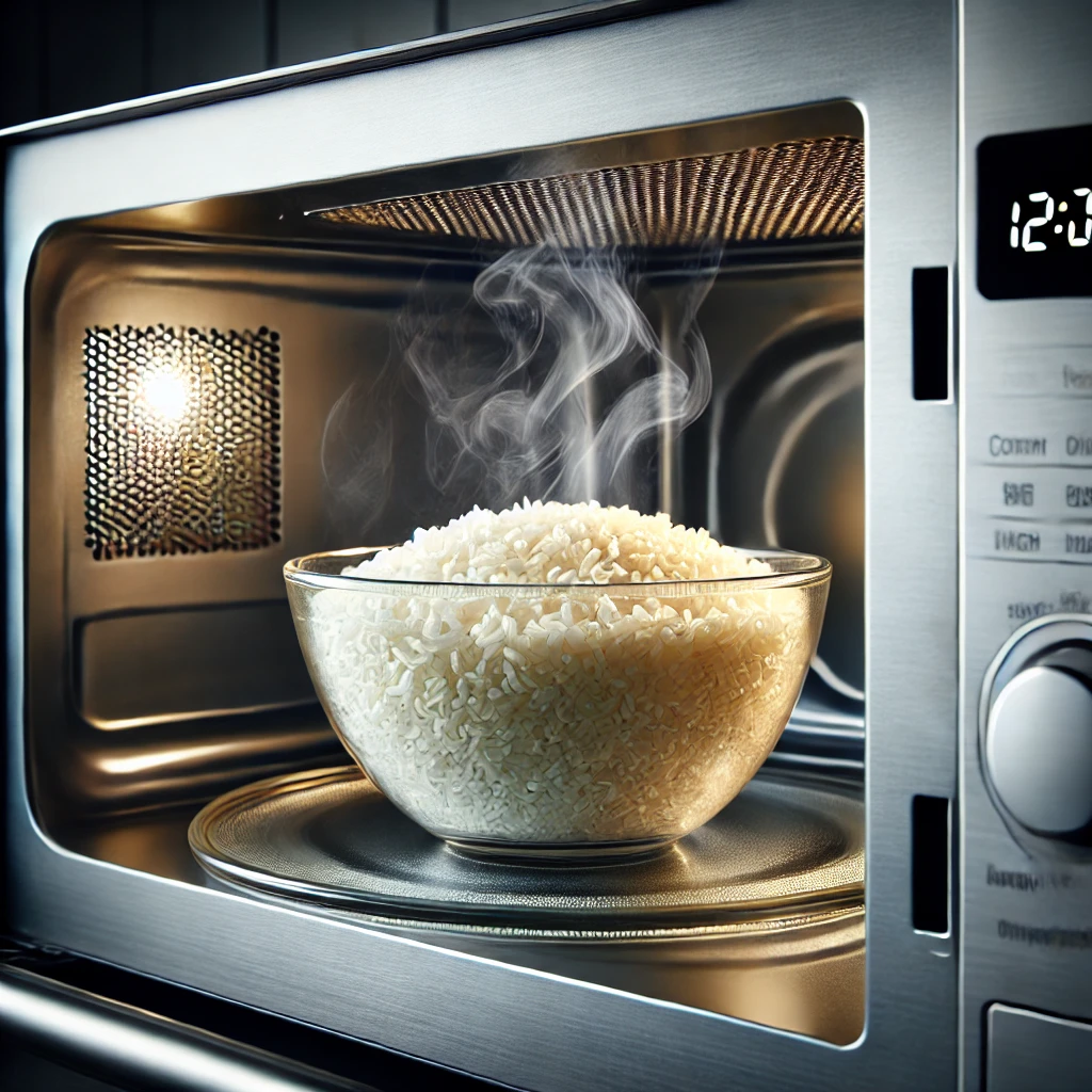 Steaming bowl of rice in a microwave.