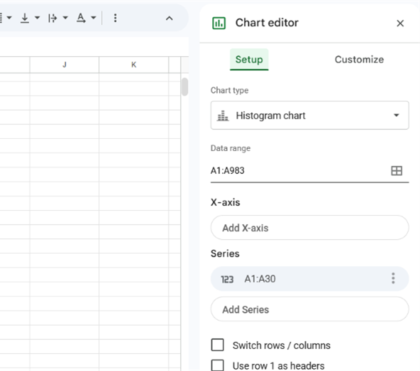 Google drive chart editor use the chart type dropdown menu to select histogram.