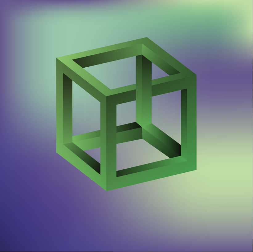 Cube with an optical illusion which makes it appear that two diametrically opposed vertices both are in front, which is impossible.